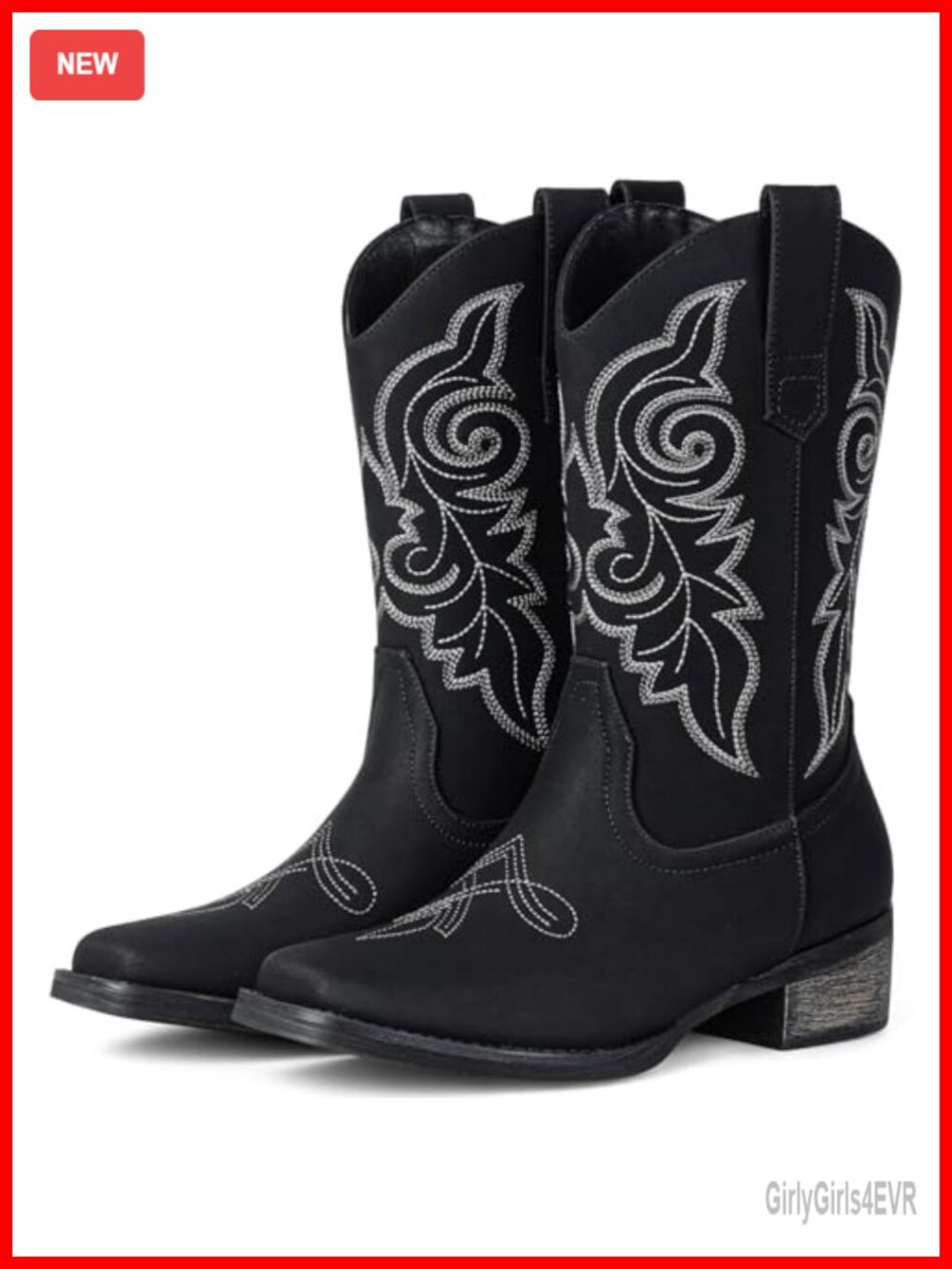 Western Cowboy Boots Square Toe Mid Calf Faux Leather Embroidered